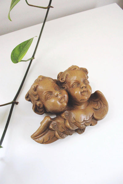 Vintage Hand-Carved Wood Angel Cherub Wall Hanging Decor Art Italian Heads Winged