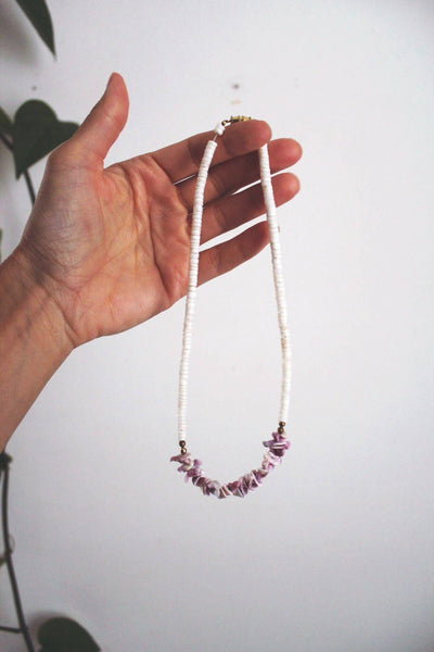 White Heishi Puka Shell Necklace Vintage Chipped Bead Purple Surfer Y2K Boho