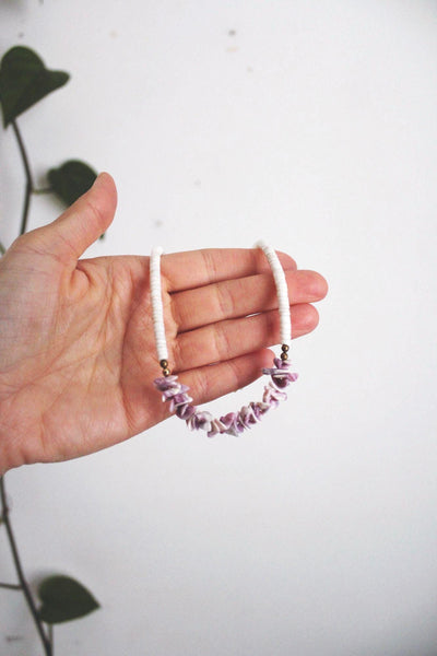 White Heishi Puka Shell Necklace Vintage Chipped Bead Purple Surfer Y2K Boho