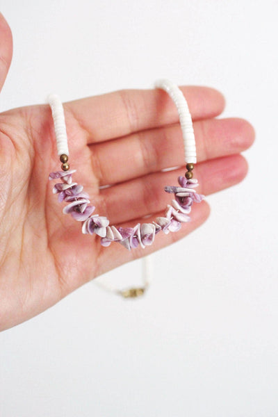 White Heishi Puka Shell Necklace Vintage Chipped Bead Purple Surfer Y2K Boho