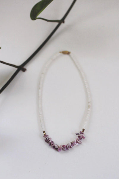 White Heishi Puka Shell Necklace Vintage Chipped Bead Purple Surfer Y2K Boho