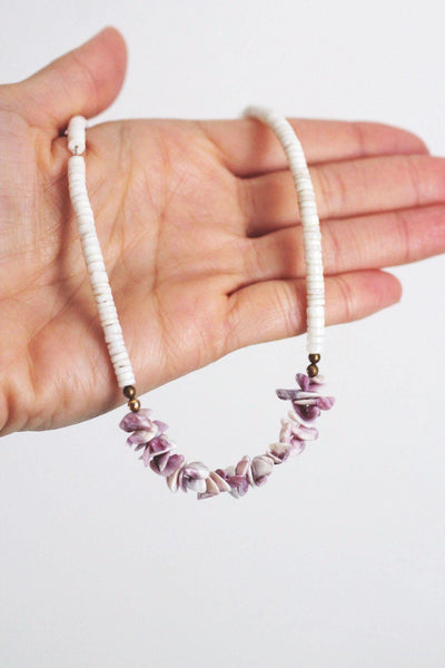 White Heishi Puka Shell Necklace Vintage Chipped Bead Purple Surfer Y2K Boho