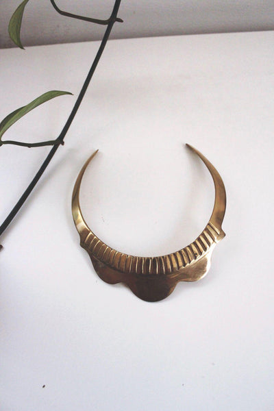 Vintage Brass Fluted Scallop Choker Collar Necklace Statement Bold Minimalist Retro