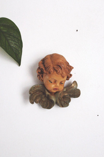 Vintage Fontanini Winged Cherub Heads Angels Pair Wall Plaques Italy Hand Painted