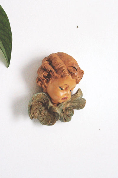 Vintage Fontanini Winged Cherub Heads Angels Pair Wall Plaques Italy Hand Painted