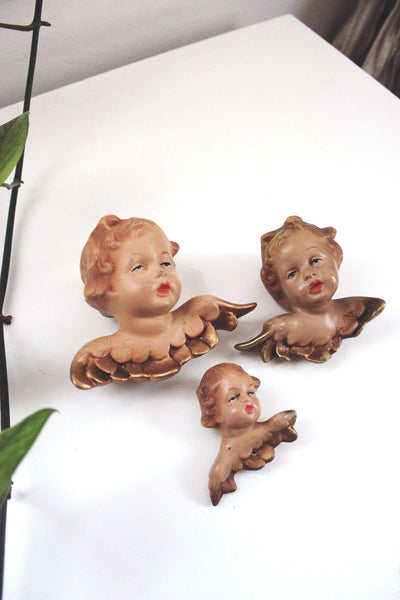 Vintage German Cherub Angel Wall Plaques Heads Hand Painted Gold-Gilded Wings