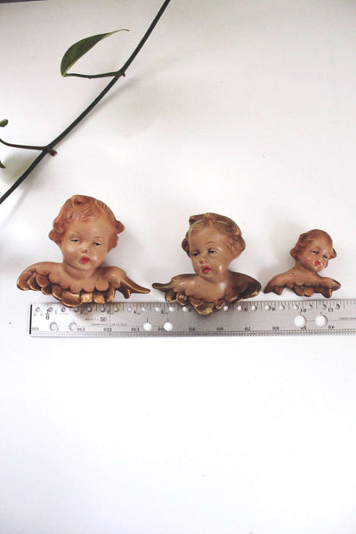 Vintage German Cherub Angel Wall Plaques Heads Hand Painted Gold-Gilded Wings
