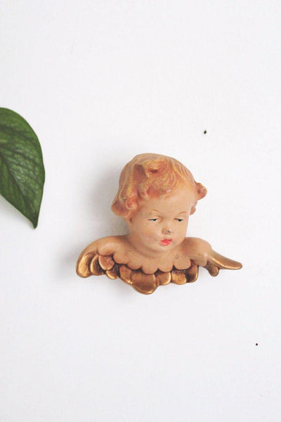 Vintage German Cherub Angel Wall Plaques Heads Hand Painted Gold-Gilded Wings