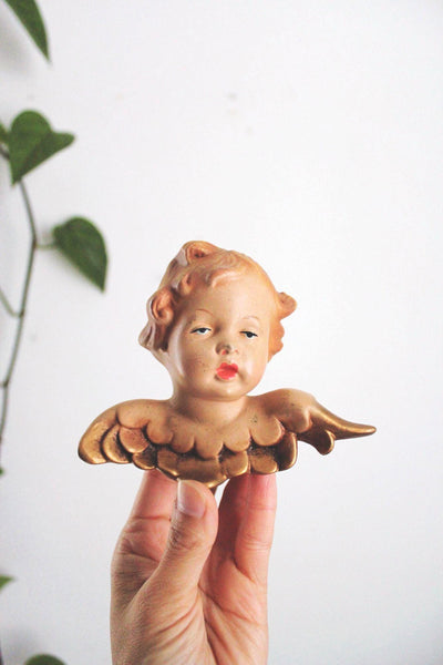 Vintage German Cherub Angel Wall Plaques Heads Hand Painted Gold-Gilded Wings