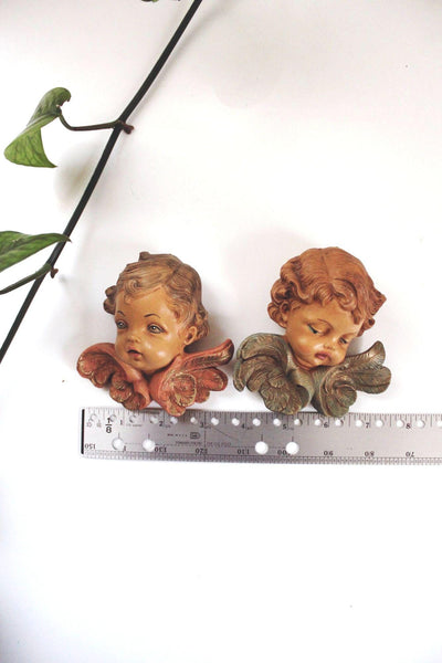 Vintage Fontanini Winged Cherub Heads Angels Pair Wall Plaques Italy Hand Painted