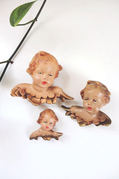 Vintage German Cherub Angel Wall Plaques Heads Hand Painted Gold-Gilded Wings