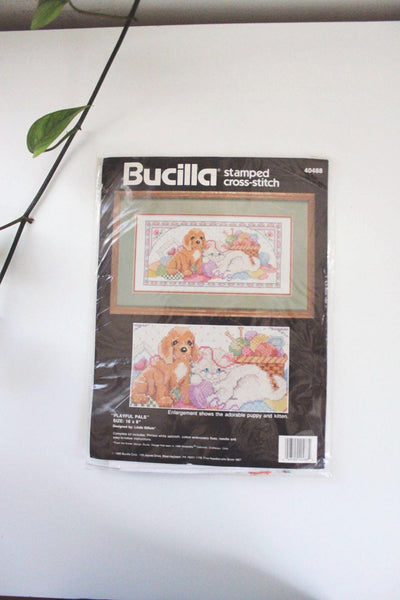 Vintage Bucilla Stamped Cross-Stitch Kit Craft Playful Pals Dog Cat Cottagecore New Sealed