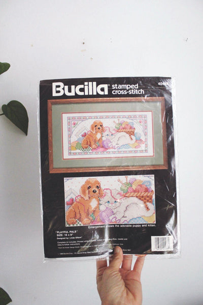 Vintage Bucilla Stamped Cross-Stitch Kit Craft Playful Pals Dog Cat Cottagecore New Sealed