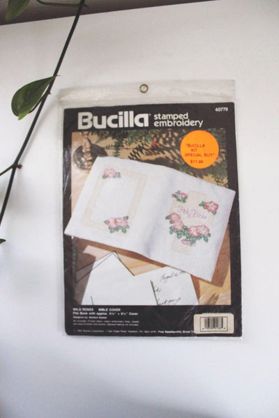 Vintage 1994 Bucilla Stamped Embroidery Kit Bible Cover Craft Floral Needlecraft New Sealed