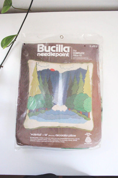 Vintage Bucilla Needlepoint Kit Waterfall Landscape Pillow Craft Retro New Sealed