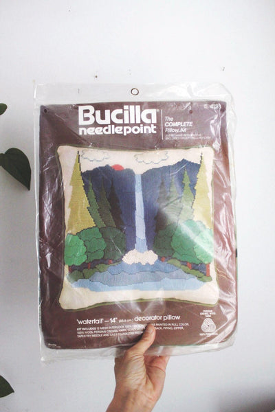 Vintage Bucilla Needlepoint Kit Waterfall Landscape Pillow Craft Retro New Sealed
