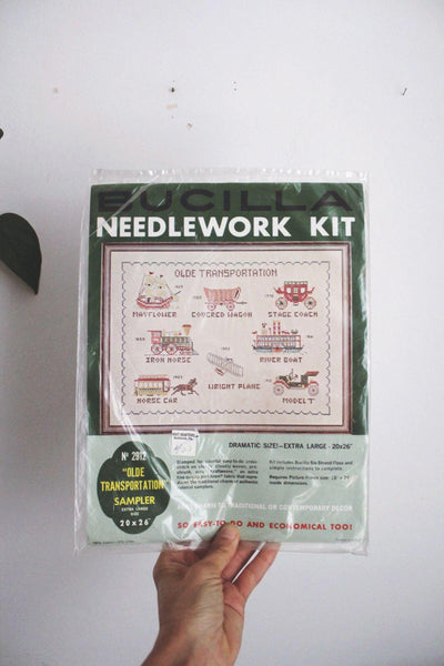 Vintage Bucilla Needlework Kit No. 2912 Olde Transportation Cross-Stitch Sampler Craft New