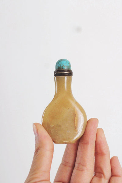 Antique Chinese Russet Jade Snuff Bottle Turquoise Cap Stone Vintage Collectible Decor Display