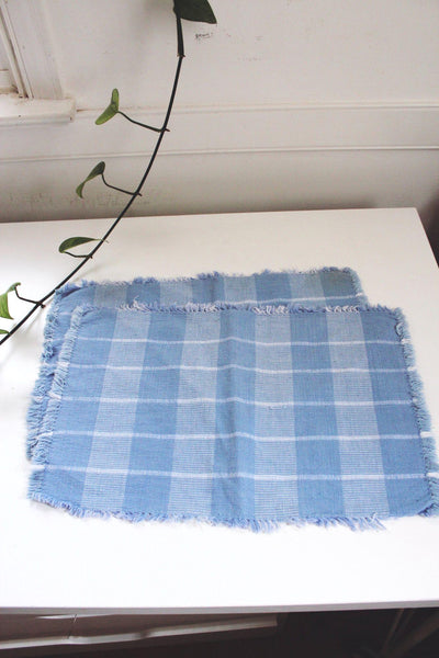 Vintage Blue Plaid Cotton Fringe Placemats Set Of 2 Checkered Woven Rustic Cottagecore