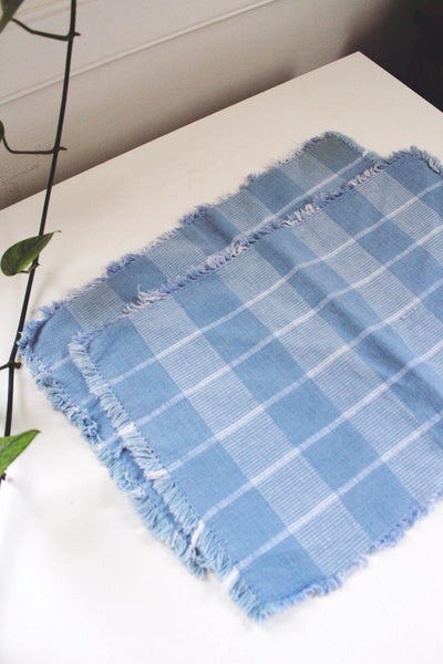 Vintage Blue Plaid Cotton Fringe Placemats Set Of 2 Checkered Woven Rustic Cottagecore