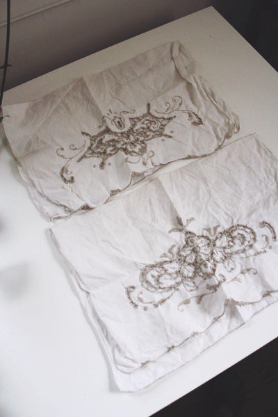 Vintage White Embroidered Linen Fabric Panels Floral Cutwork Pair Cottagecore