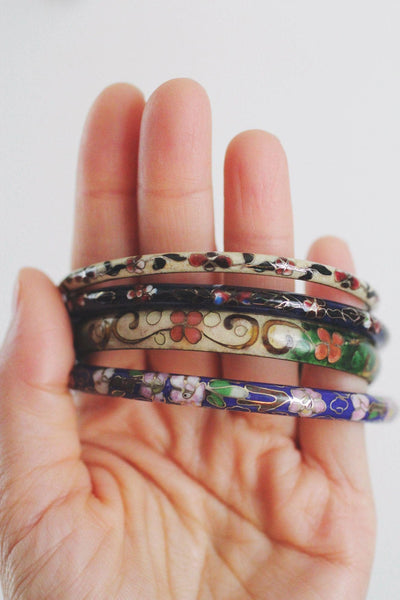 Vintage Chinese Cloisonné Enamel Bangle Bracelets Floral Set Blue Green
