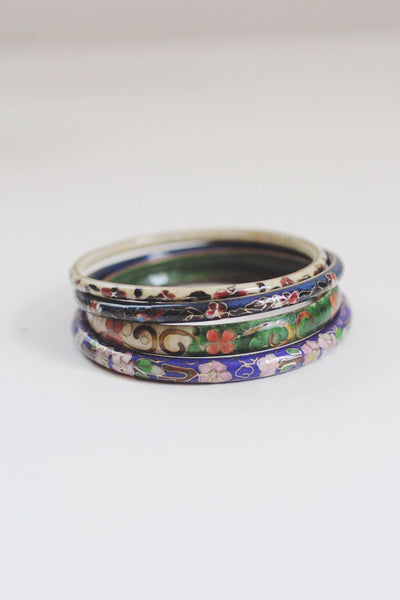 Vintage Chinese Cloisonné Enamel Bangle Bracelets Floral Set Blue Green