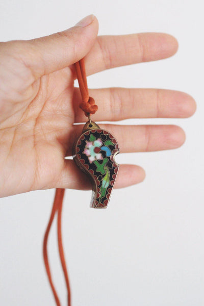 Vintage Cloisonné Enamel Whistle Pendant Necklace Chinese Floral Bird Red Cord