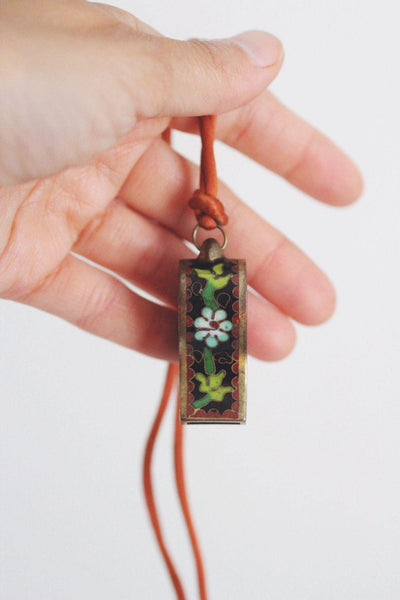 Vintage Cloisonné Enamel Whistle Pendant Necklace Chinese Floral Bird Red Cord