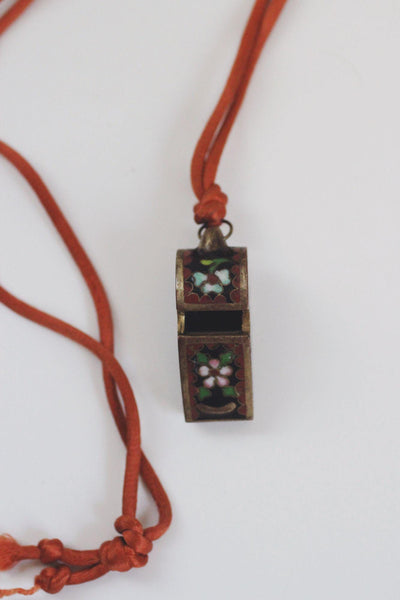 Vintage Cloisonné Enamel Whistle Pendant Necklace Chinese Floral Bird Red Cord