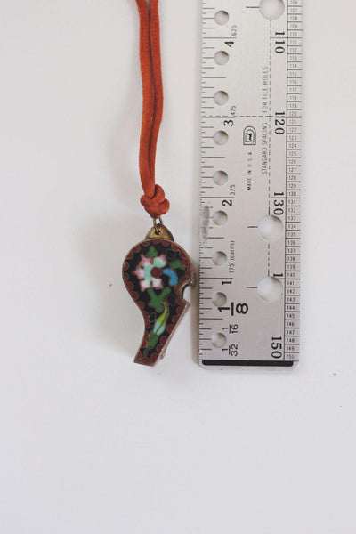 Vintage Cloisonné Enamel Whistle Pendant Necklace Chinese Floral Bird Red Cord