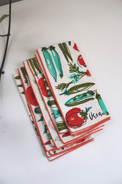 Vintage Vera Neumann Vegetable Print Cotton Napkins Set Of 4 MCM Mid Century