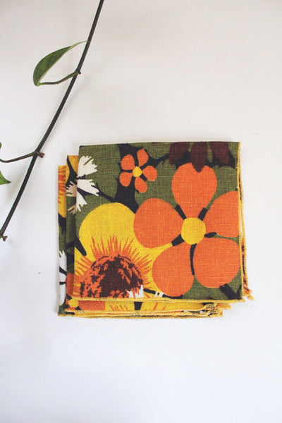 Vintage Floral Cloth Napkins Bold Sunflowers Daisies 60s 70s Retro MCM Mid Century