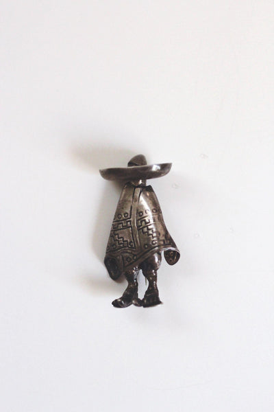 Vintage Sterling Silver Mexican Figural Sombrero Man Brooch Poncho Taxco