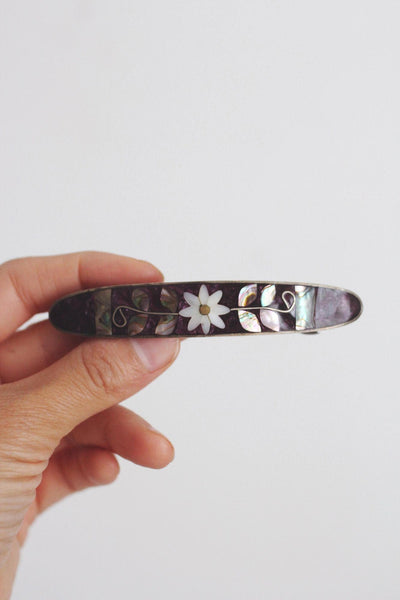 Vintage Alpaca Silver Hair Barrette Mexico Floral Mother-Of-Pearl Abalone Shell Inlay Mosaic