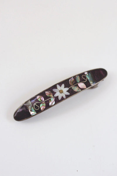 Vintage Alpaca Silver Hair Barrette Mexico Floral Mother-Of-Pearl Abalone Shell Inlay Mosaic