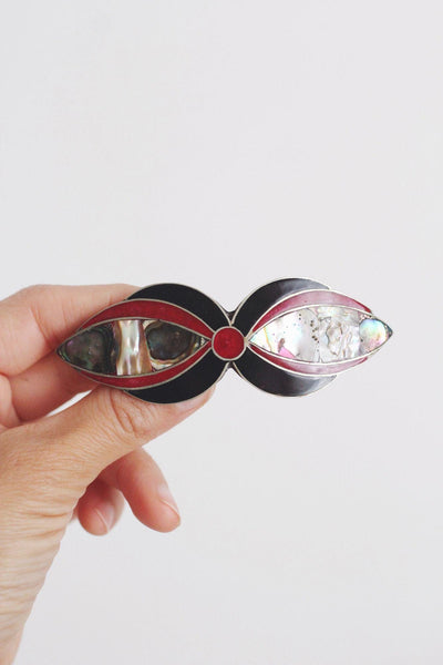 Vintage Alpaca Silver Hair Barrette Mexico Abalone Shell Mother Of Pearl MOP Enamel Inlay