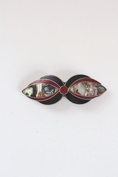 Vintage Alpaca Silver Hair Barrette Mexico Abalone Shell Mother Of Pearl MOP Enamel Inlay
