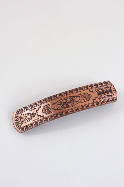 Vintage Copper Hair Barrette Clip Etched Southwestern Geometric Patterns Native American