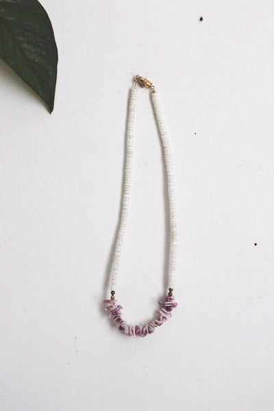 White Heishi Puka Shell Necklace Vintage Chipped Bead Purple Surfer Y2K Boho