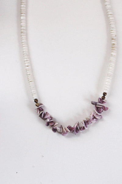White Heishi Puka Shell Necklace Vintage Chipped Bead Purple Surfer Y2K Boho