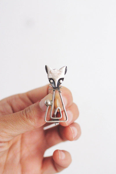 Vintage Modernist Sterling Silver Cat Brooch Taxco Mexico Geometric MCM Mid Century
