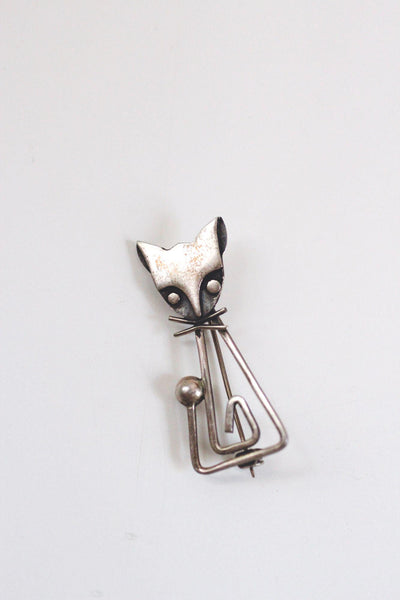 Vintage Modernist Sterling Silver Cat Brooch Taxco Mexico Geometric MCM Mid Century