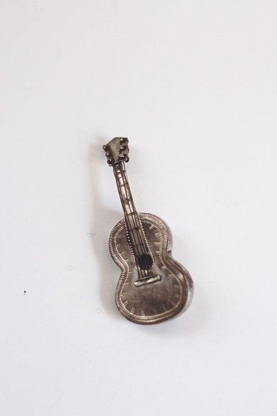Vintage Sterling Silver Guitar Brooch Pin Mexico Taxco Handcrafted Mid Century