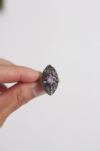 Vintage Sterling Silver Art Deco Amethyst Marcasite Cocktail Ring Gemstone 4.5