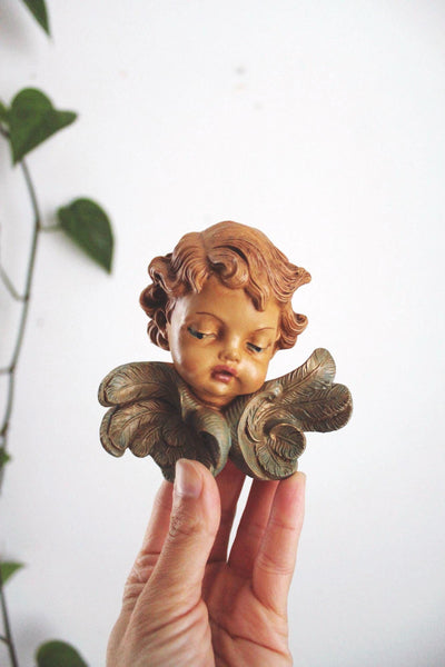 Vintage Fontanini Winged Cherub Heads Angels Pair Wall Plaques Italy Hand Painted