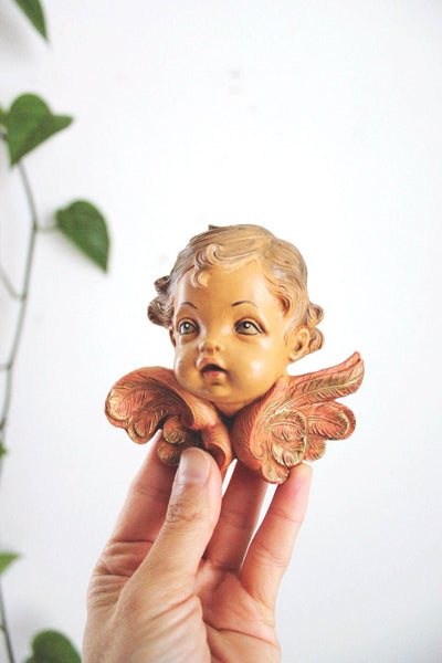 Vintage Fontanini Winged Cherub Heads Angels Pair Wall Plaques Italy Hand Painted