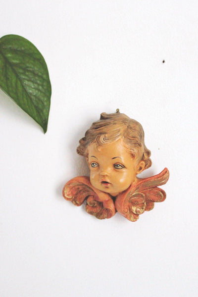 Vintage Fontanini Winged Cherub Heads Angels Pair Wall Plaques Italy Hand Painted