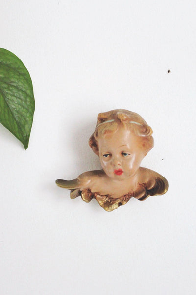 Vintage German Cherub Angel Wall Plaques Heads Hand Painted Gold-Gilded Wings