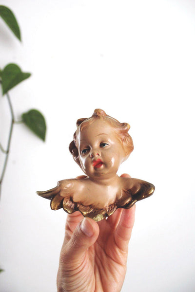 Vintage German Cherub Angel Wall Plaques Heads Hand Painted Gold-Gilded Wings
